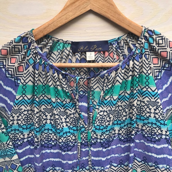 Blue pair 3/4 sleeve tie front tunic, boho print - Picture 5 of 6